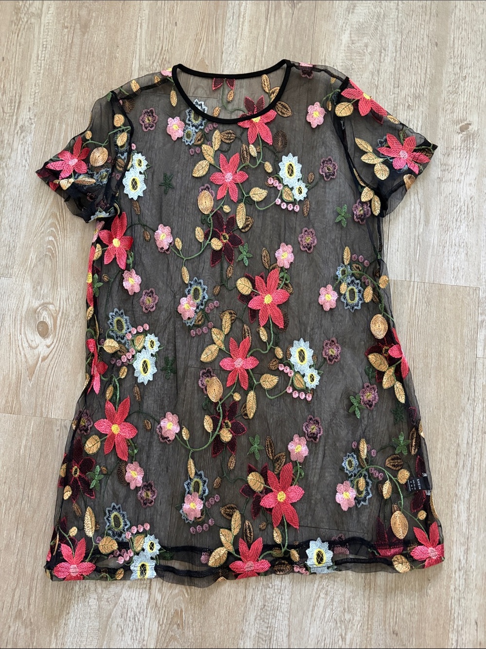 Sheer Black Floral Embroidered Short Sleeve Dress